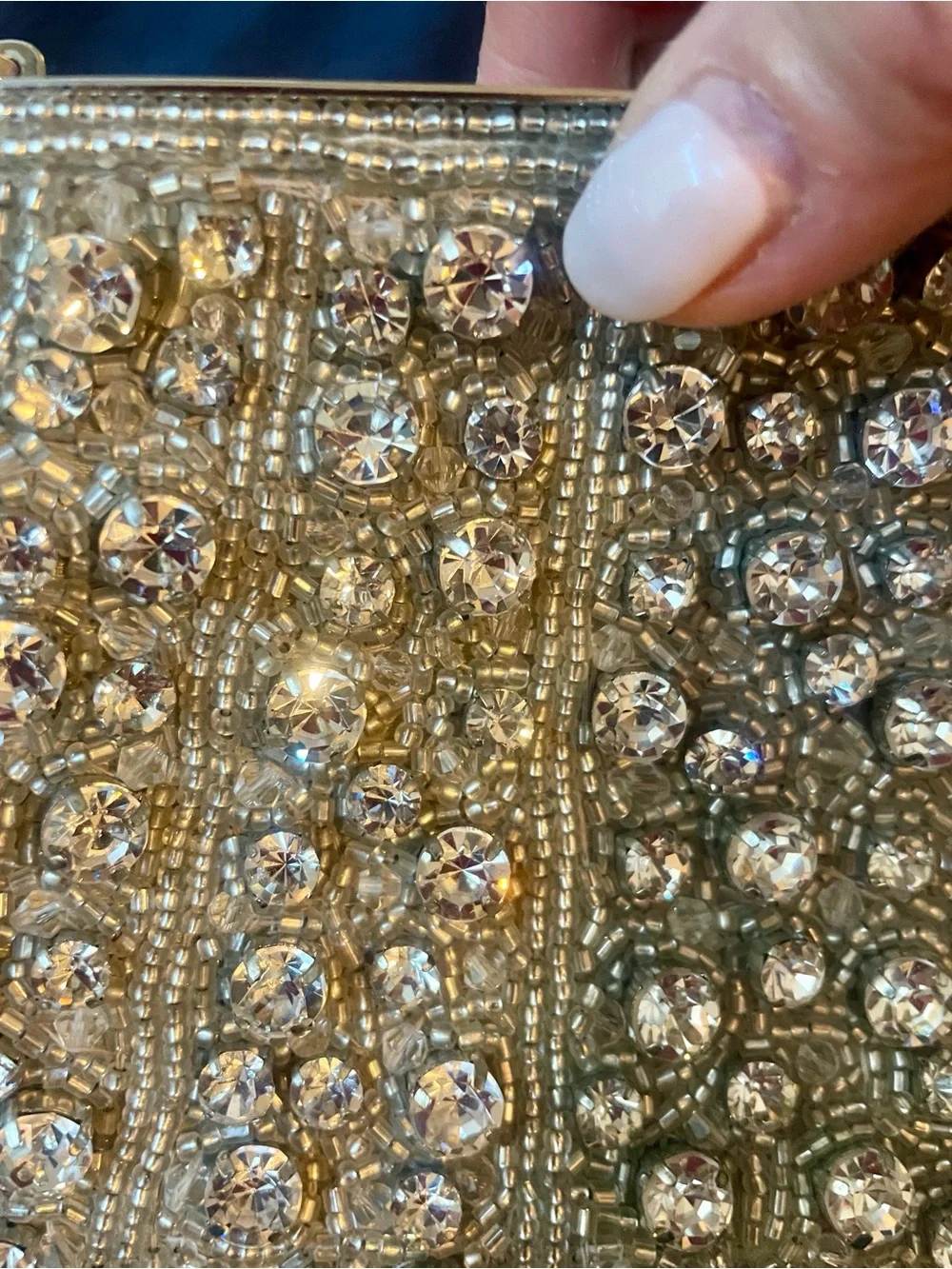 Gorgeous evening bag embellished with large rhinestones and silver clasp